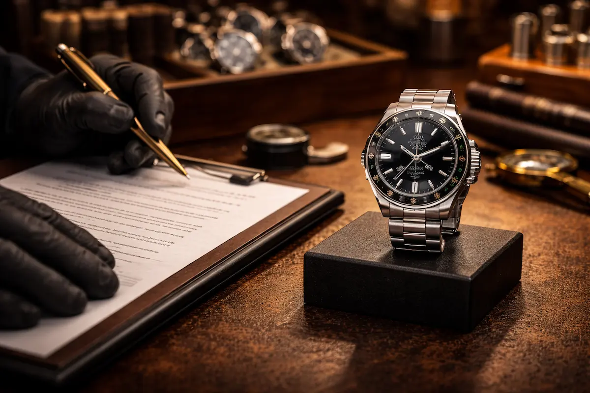 person signing next to luxury watch